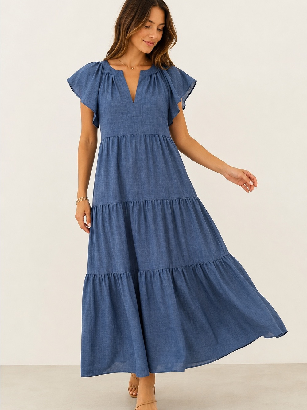 Emma & Michele Blue Tiered Maxi Dress L Flutter Sleeve Linen Look Tie Back Boho